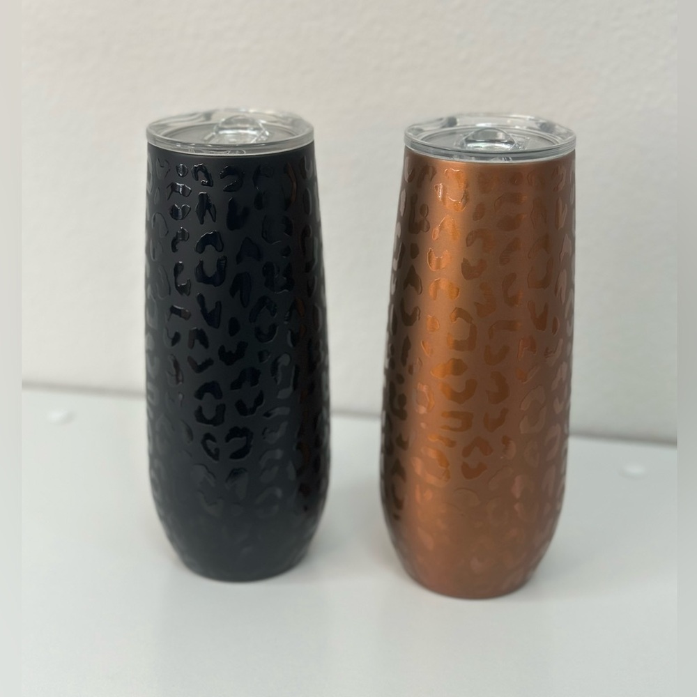 Two 14oz Stainless Steel Insulated Flute Tumblers w/Lid Blk& Bronze Animal Print